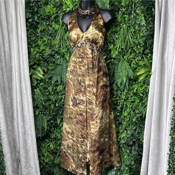 Vintage ROBBI BEE Dress Women 10 Brown Gold Halter Neck Flowy Sheer Overlay 2303 - Picture 3 of 8